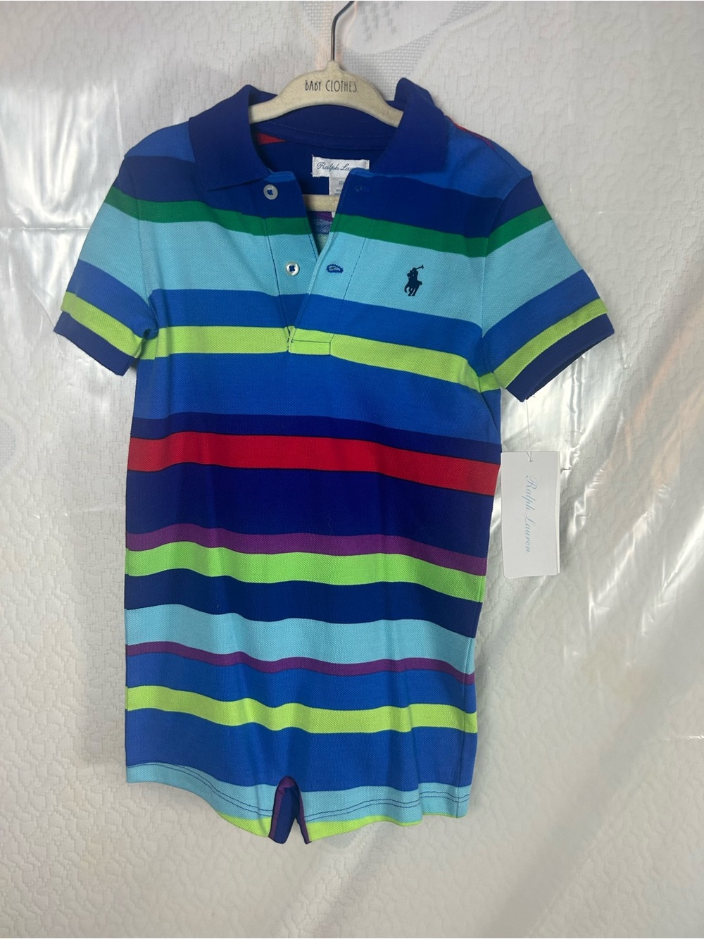 Ralph Lauren Blue Multi-Color Striped Polo Romper